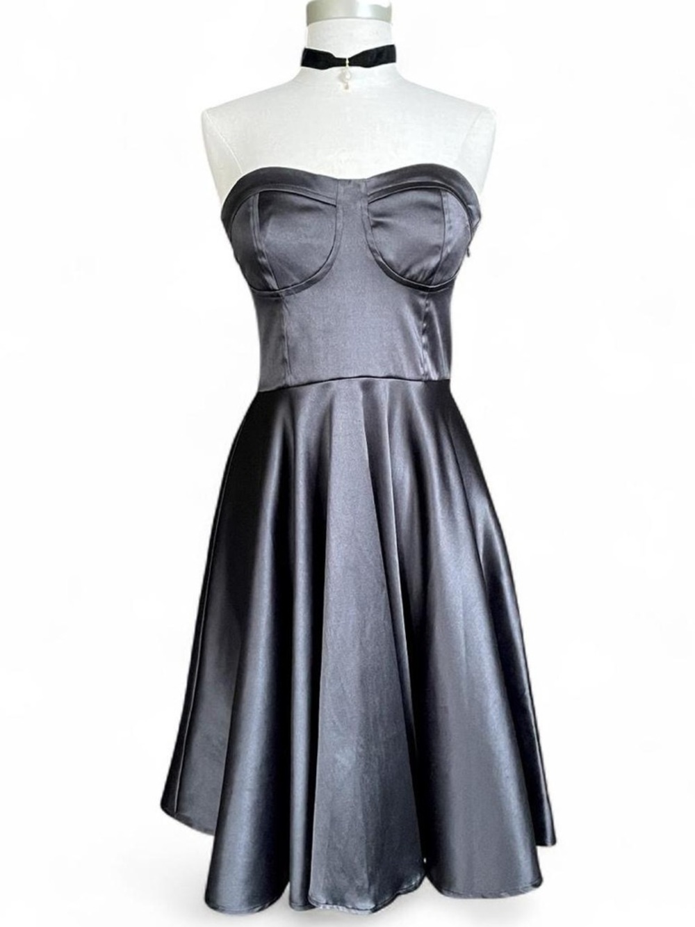 Eva Franco Strapless Satin Fit-and-Flare Dress in Black